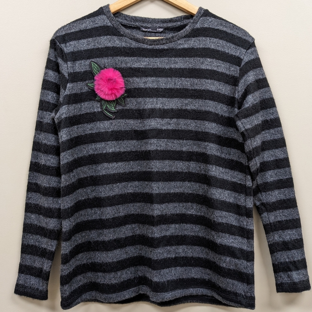 NWT Zara Black and Gray Striped Sweater With a Pink Flower Accent